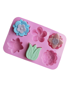 แม่พิมพ์ซิลิโคน พิมพ์สบู่ พิมพ์วุ้น พิมพ์ขนม รูปดอกไม้ 6 ช่อง (พิมพ์สีฟ้า)