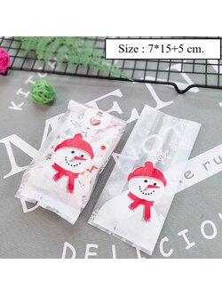 ถุงคุกกี้ ถุงเบเกอรี่ แบบจีบข้าง รูปตุ๊กตาหิมะ 50 ใบ/ห่อ (Size : 7*15+3 cm)