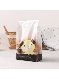 ถุงคุกกี้ ถุงเบเกอรี่ ถุงขนมปัง แบบพับข้างลายหมา สีดำ 50 ใบ/ห่อ (9*21.5+5 cm.)