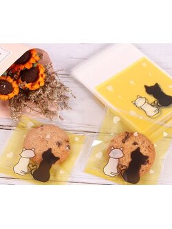 ถุงคุกกี้ ถุงเบเกอรี่ ถุงขนม แบบมีเทปกาว รูปแมว 95-100 ใบ/แพ็ค (7*7+3 cm.)