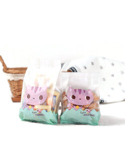 ถุงคุ๊กกี้ ถุงเบเกอรี่ แบบจีบข้าง รูปแมวสีม่วง 50 ใบ/ห่อ (Size : 7*14.5+3.5 cm)
