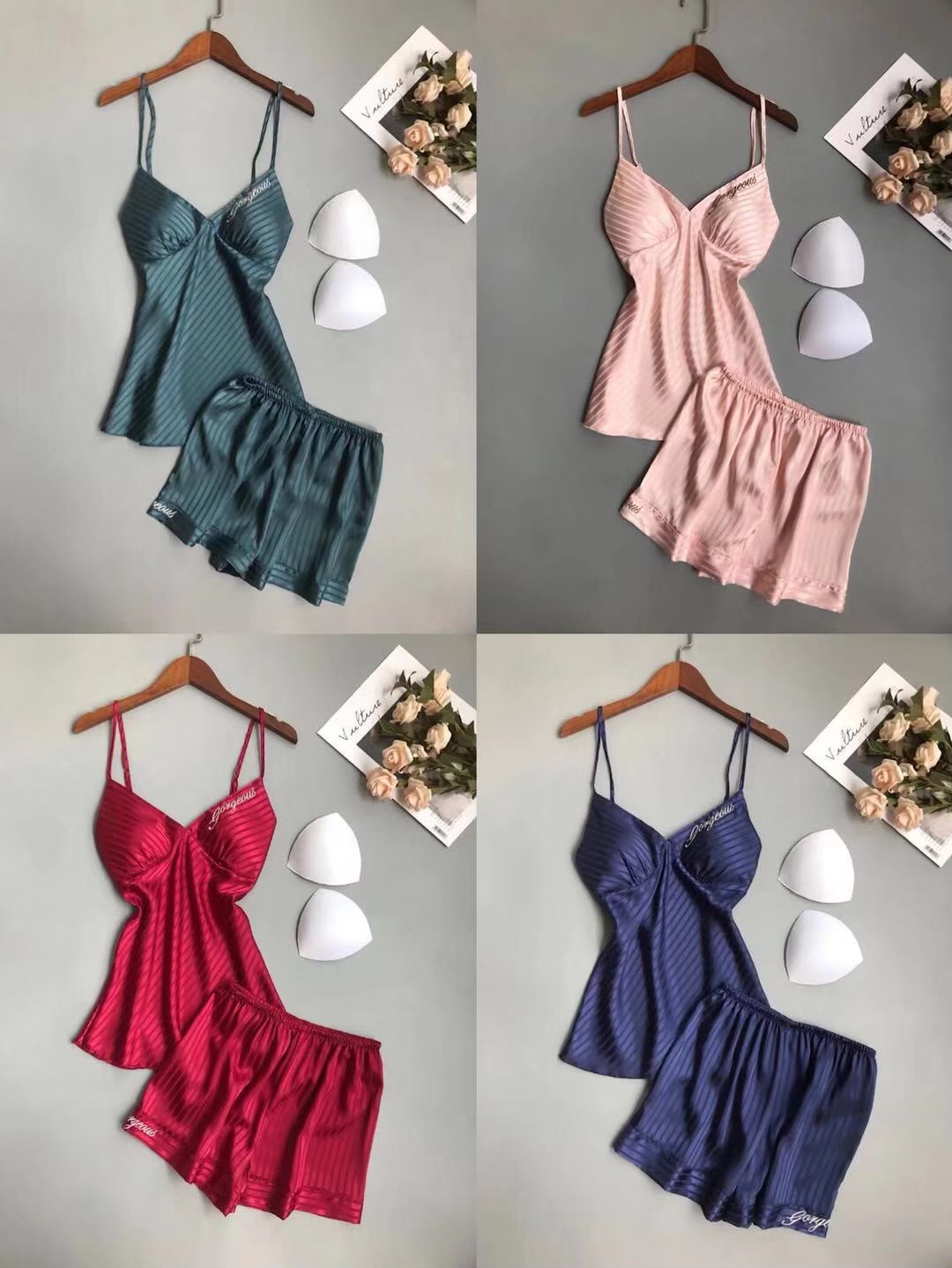 ชุดนอนผ้าซิลค์ซาติน เสื้อสายเดี่ยว กางเกงขาสั้น เนื้อนิ่ม ใส่สบาย ไม่คัน มีฟองน้ำถอดออกได้ ฟรีไซส์ มี 4 สี ราคาส่ง 3 ชิ้น คละแบบได้ ชุดละ 290 บาท