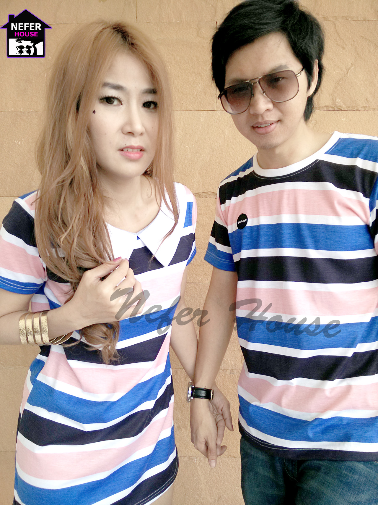 เสื้อคู่รักเกาหลี ผ้ายืดริ้วสีฟ้า+กรม+โอรสตัดกันอย่างลงตัว
