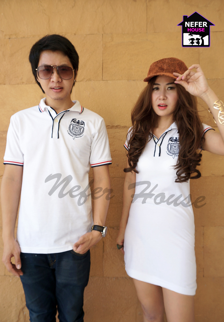 เสื้อโปโลคู่รัก สีขาว เพิ่มดีเทลขลิปที่ปกและแขนเสื้อ