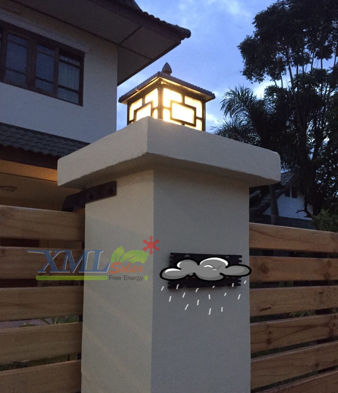 โคมไฟหัวเสาโซล่าเซลล์ + AC ทรง Japanese Style (สีดำ) (เปิดได้ 2 แสง)