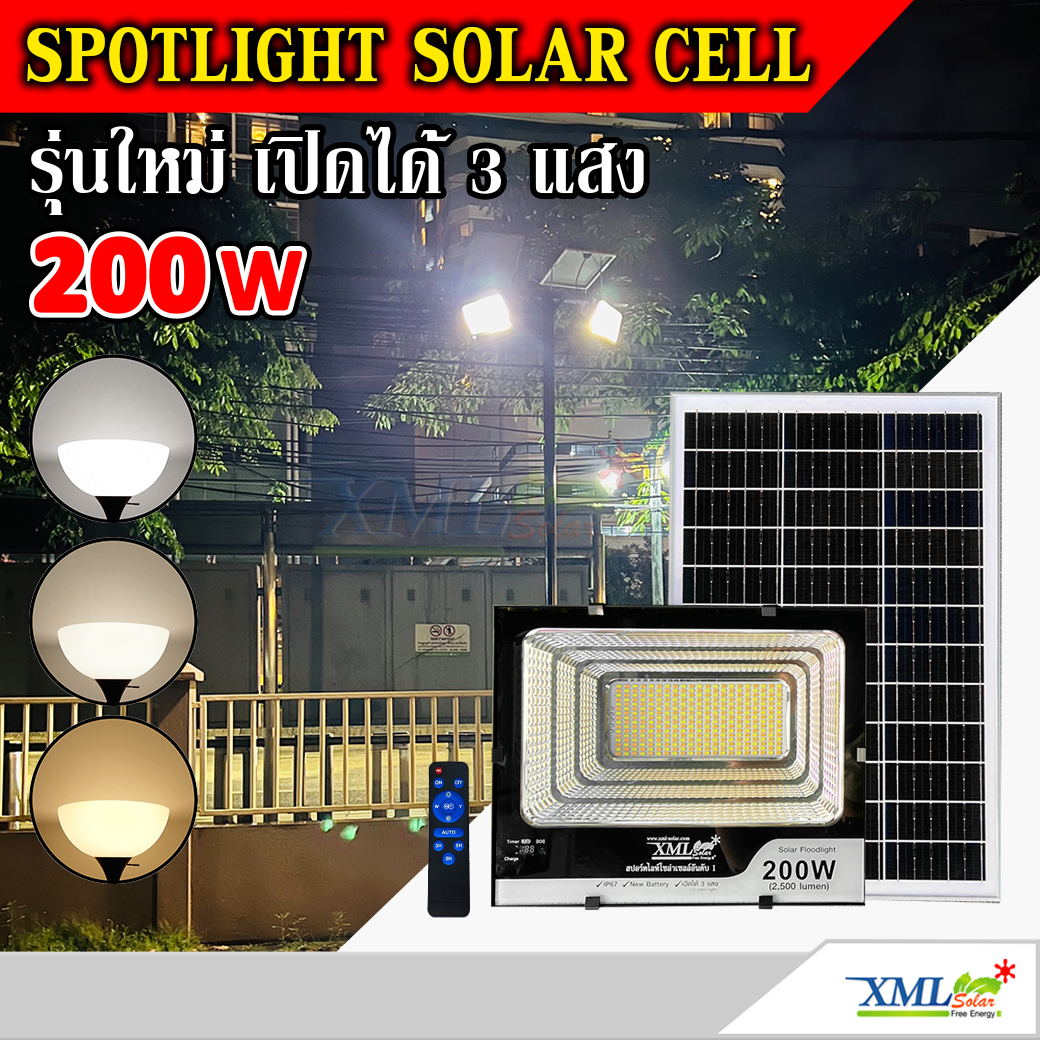 ไฟสปอตไลท์โซล่าเซลล์ 200 Watt กล่องสีน้ำตาล (เปิดได้ 3 แสง)