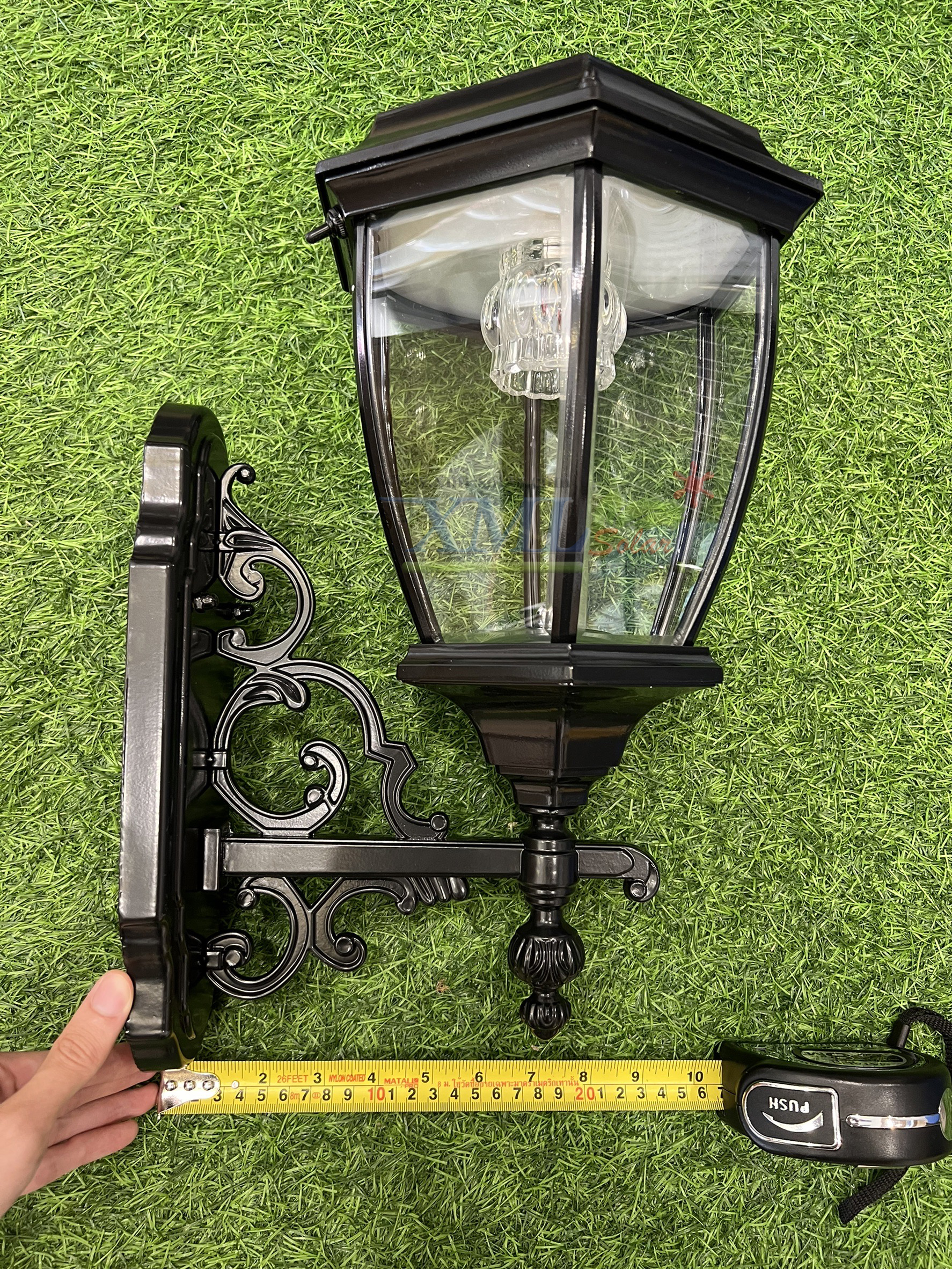 โคมไฟกิ่งโซล่าเซลล์ ทรง 6 เหลี่ยม โรมันสีดำ (ไซส์จัมโบ้) (เเสง : ขาว + เหลืองวอมไวท์)