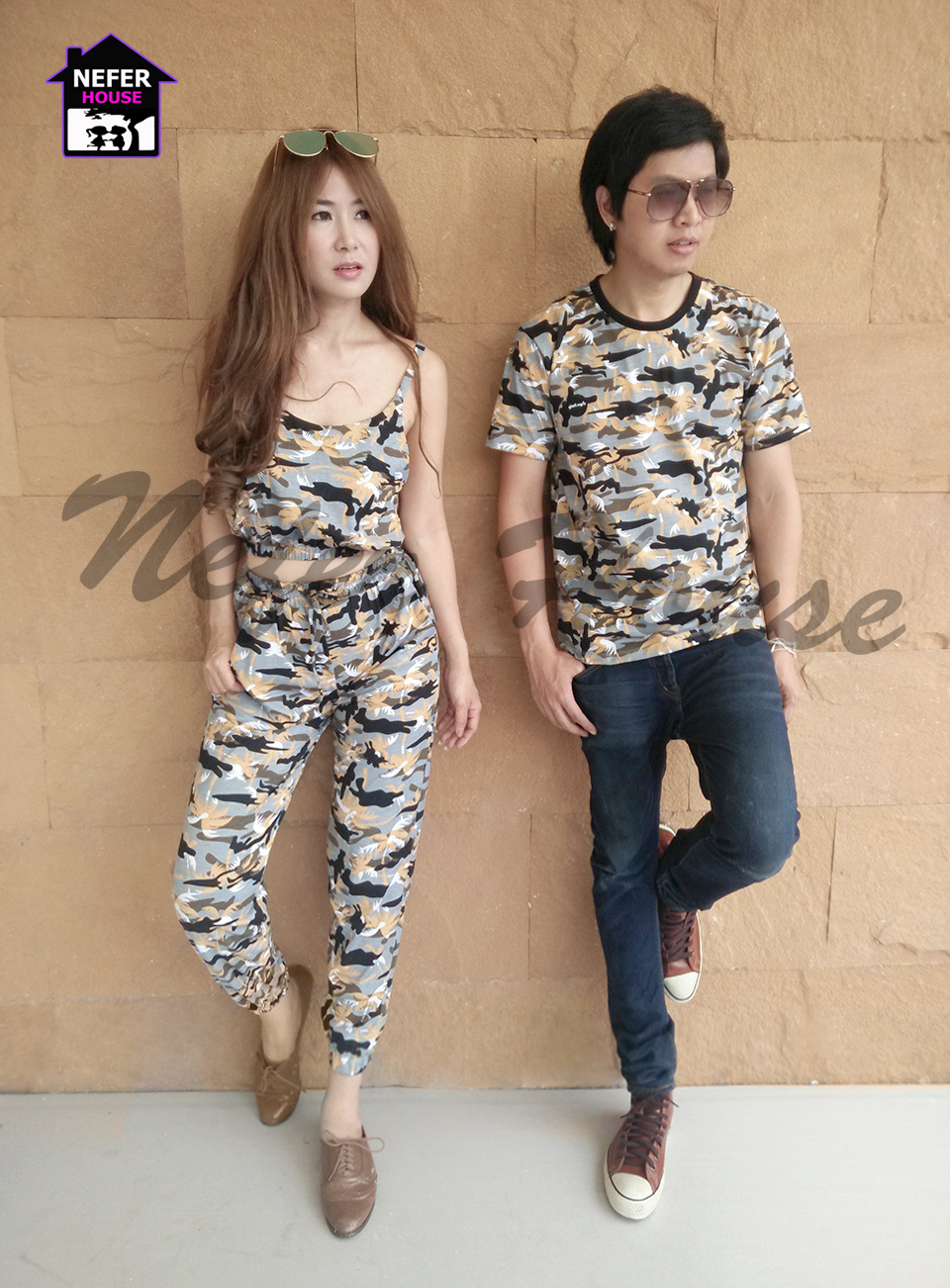 ชุดคู่รักพร้อมส่ง ผ้ายืดลายทหารสุดเท่ห์