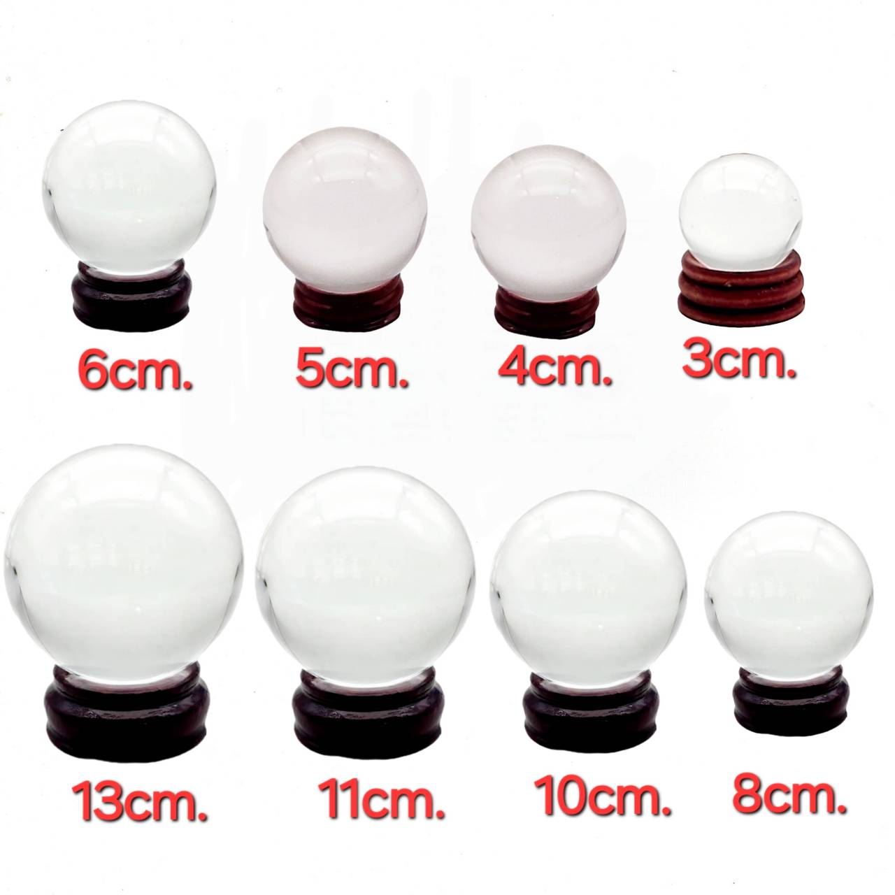 ลูกแก้วใส ขนาด 13-11-10-8-6-5-4-3 ซ.ม.พร้อมฐานไม้ สีธรรมชาติ ลูกกลม ใส สวย ลูกแก้วแท้ ไม่ลอก