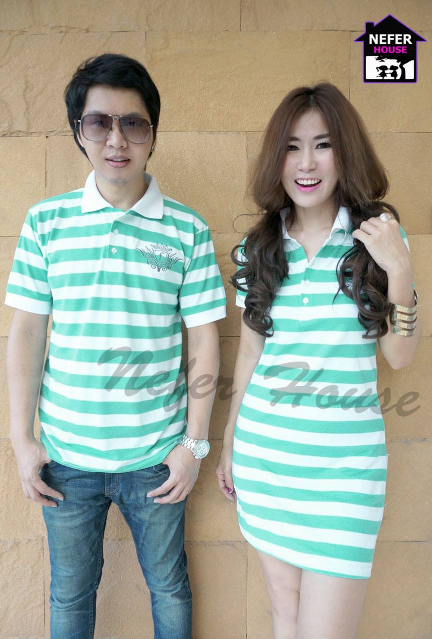 เสื้อคู่โปโล สีเขียวมิ้นต์ริ้วขาวแนวสปอร์ต