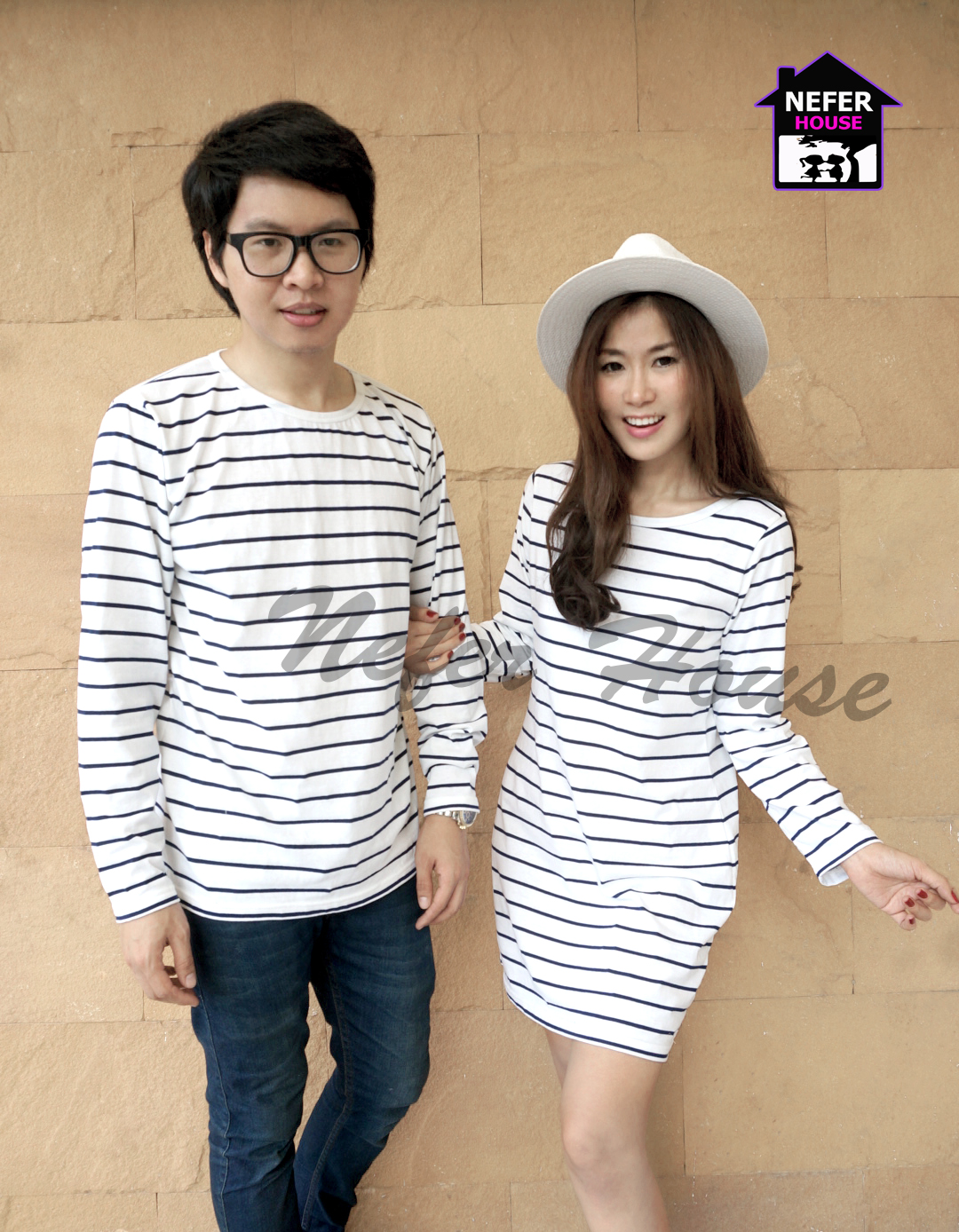 เสื้อคู่รักแขนยาวสีขาวริ้วกรมสไตล์เกาหลี