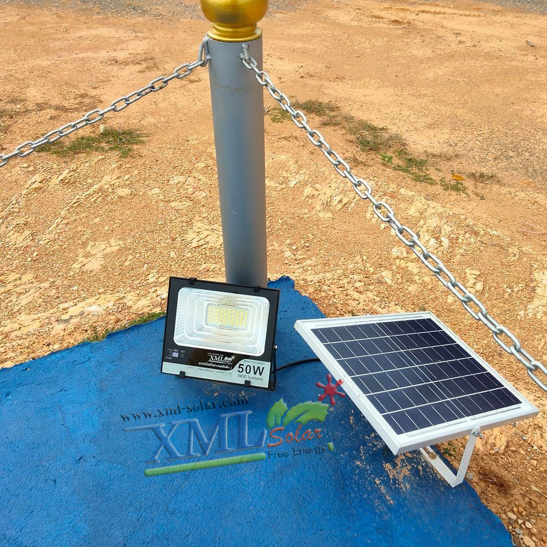 ไฟสปอตไลท์โซล่าเซลล์ 50 Watt กล่องสีน้ำตาล (เปิดได้ 3 แสง)