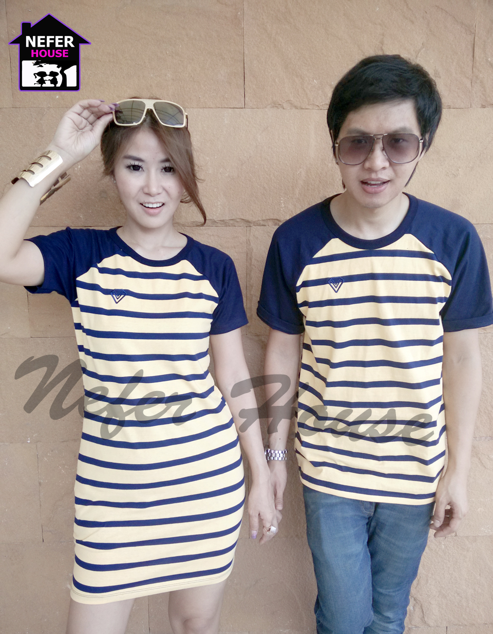 เสื้อคู่รักสีเหลืองตัดด้วยแขนสโลปสีกรม