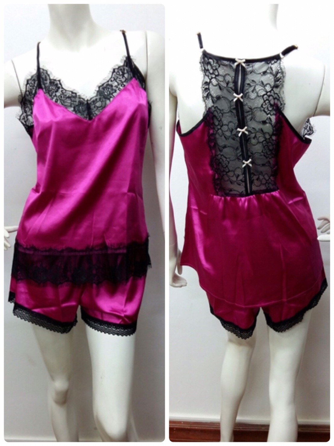 ชุดนอนผ้าซาตินเซ็ตสองชิ้น แต่งลูกไม้ ซีทรูด้านหลังสุดเซ็กซี่ ฟรีไซส์ มี 4 สี เขียว ชมพู แดง ฟ้า ราคาส่ง 3 ชิ้น คละแบบได้ชุดละ 450 บาท