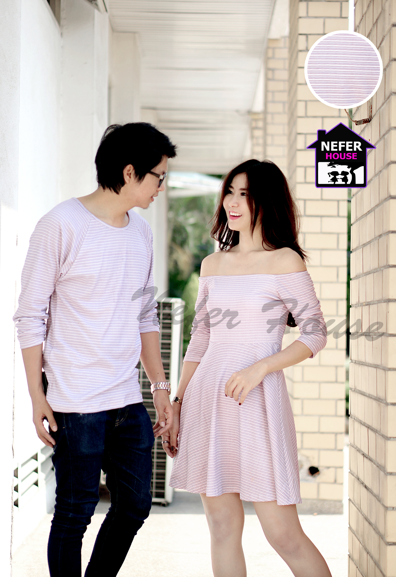 เสื้อคู่รักผ้ายืดสวยๆทรงปาดไหล่แขนสี่ส่วน