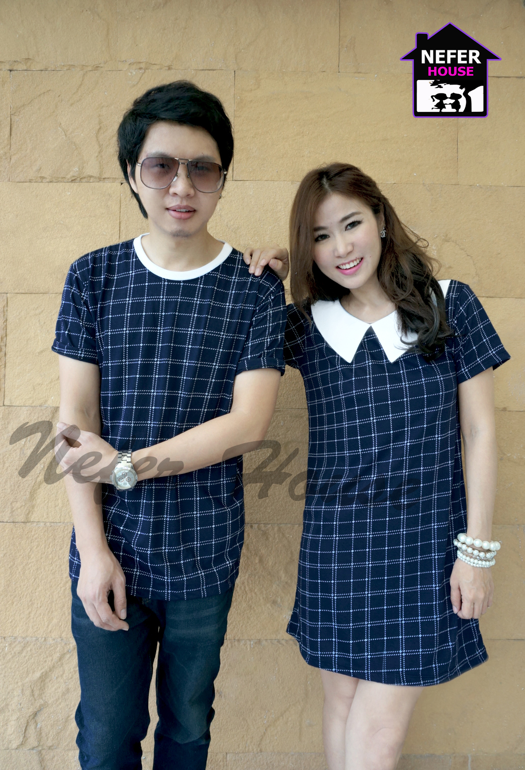 ชุดคู่รักเกาหลี ลายสก็อตสีน้ำเงินกรม-ขาว