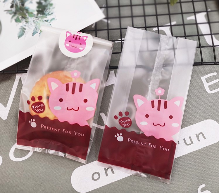 ถุงคุกกี้ ถุงเบเกอรี่ ถุงขนม รูปแมว 50 ใบ/ห่อ (Size : 7*15+3 cm)
