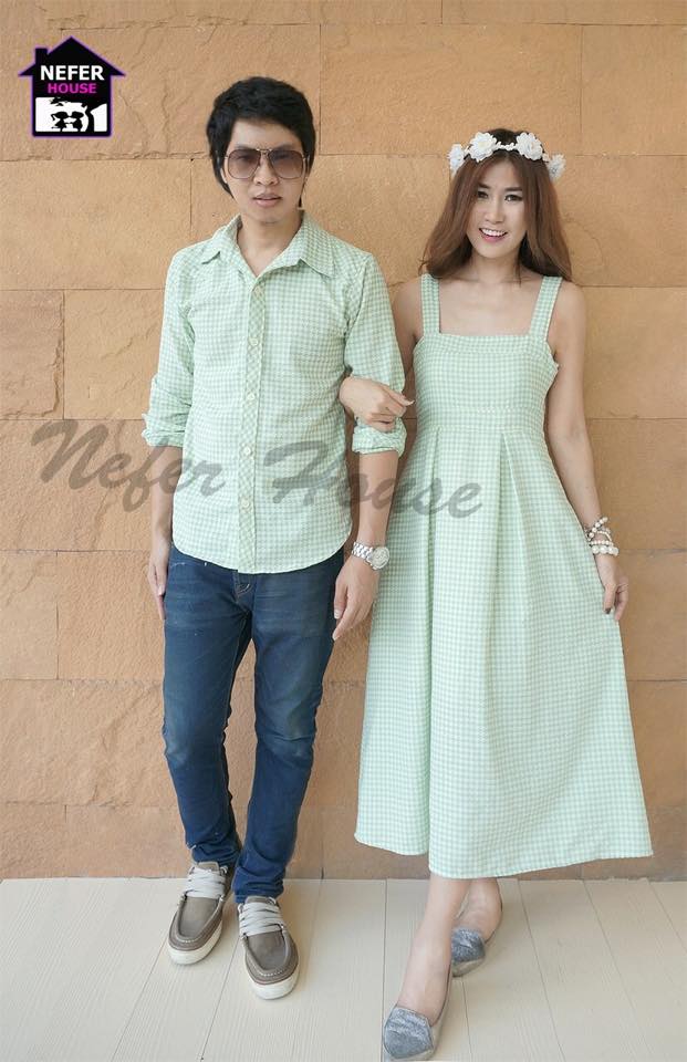 ชุดคู่รักพร้อมส่ง โทนสีเขียวชิโนริดูสดใสม๊าก กระโปรงยาวทรงทวิต