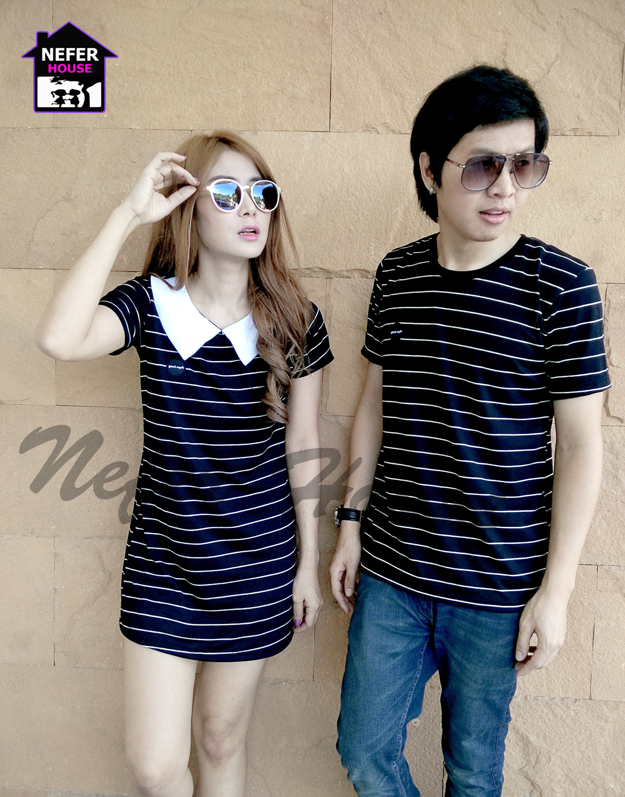 เสื้อคู่เกาหลี โปโลสีน้ำเงินริ้วขาวแต่งดีเทลปกขาว