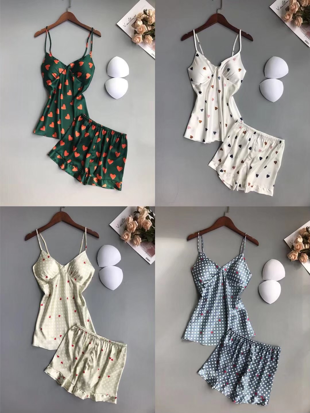 ชุดนอนผ้าซาติน เสื้อสายเดี่ยว กางเกงขาสั้น เนื้อนิ่ม ใส่สบาย ไม่คัน มีฟองน้ำถอดออกได้ ฟรีไซส์ มีหลายลาย ราคาส่ง 3 ชิ้น คละแบบได้ ชุดละ 250 บาท