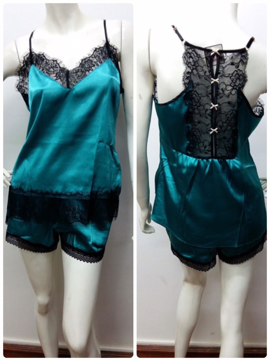 ชุดนอนผ้าซาตินเซ็ตสองชิ้น แต่งลูกไม้ ซีทรูด้านหลังสุดเซ็กซี่ ฟรีไซส์ มี 4 สี เขียว ชมพู แดง ฟ้า ราคาส่ง 3 ชิ้น คละแบบได้ชุดละ 450 บาท