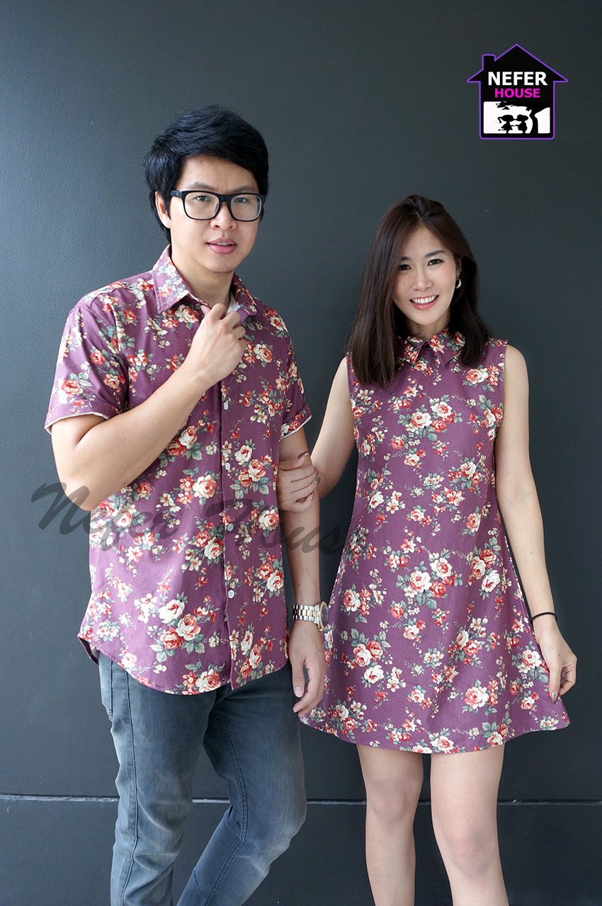 เสื้อคู่ ชุดไปทะเลลายดอกสีม่วง