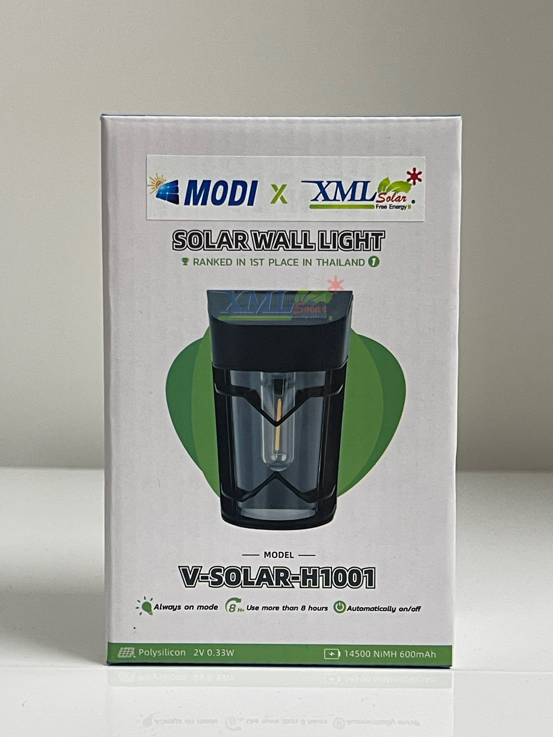 ไฟผนังโซล่าเซลล์ รุ่น MD-SOLAR-H1001 ระบบสว่างค้าง (แสง : เหลืองวอมไวท์)(1 แถม 1)