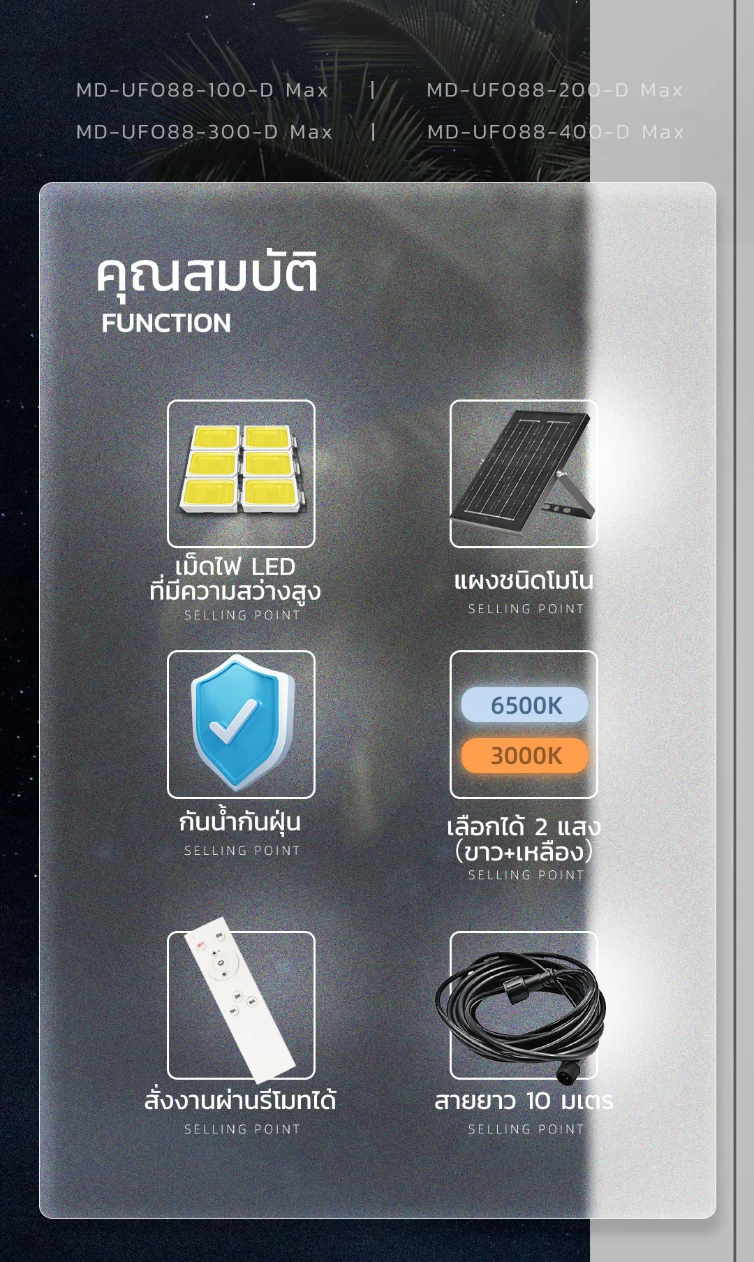 โคมไฟโซล่าเซลล์ ติดเพดาน Highbay รุ่น D MAX 400W (แสง : เหลืองวอมไวท์)