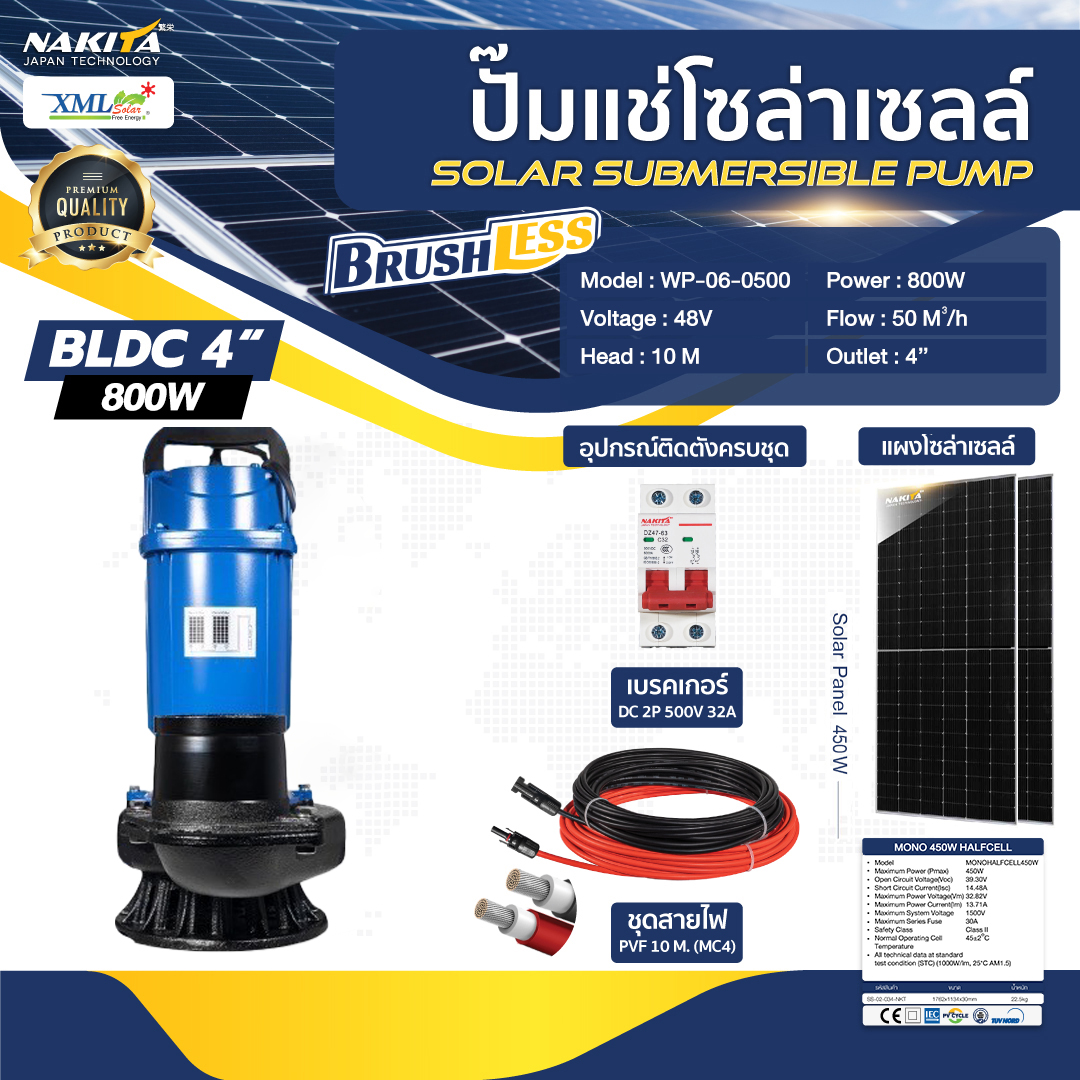 ปั๊มแช่อลูมิเนียม รุ่นสีน้ำเงิน 800W (ท่อ 4 นิ้ว) + เเผงโซล่าเซลล์ 450W (2 แผง)