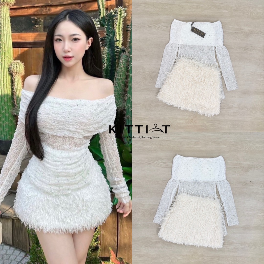 set2ชิ้น เสื้อแขนยาว+กระโปรง สาวกสายsexy แบบ ลุคแพง ต้องไม่พลาดชุดนี้ ตัวเสื้อมีเพชรติดตามตัว เป็นระยะๆ มีฟองน้ำเสริมหน้าอก ใส่เปิดไหล่,กระโปรงเอวสูง ผ้าขนนก มีความฟุ้งฟริ่งมาก ซิบหลัง ทรงสวยเนื้อผ้างานจริงสวยมาก ลูกไม้เนื้อนิ้ม ยืดได้ตามขนาดแขน ขนของกระโ
