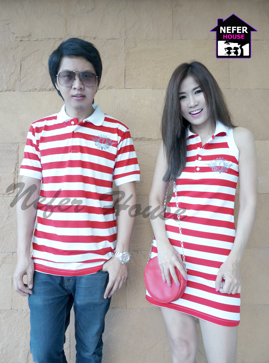 เสื้อโปโลคู่รักแขนกุด มีไซส์ใหญ่ ไซส์ xl สีแดงริ้วขาวออกแนวสปอร์ต