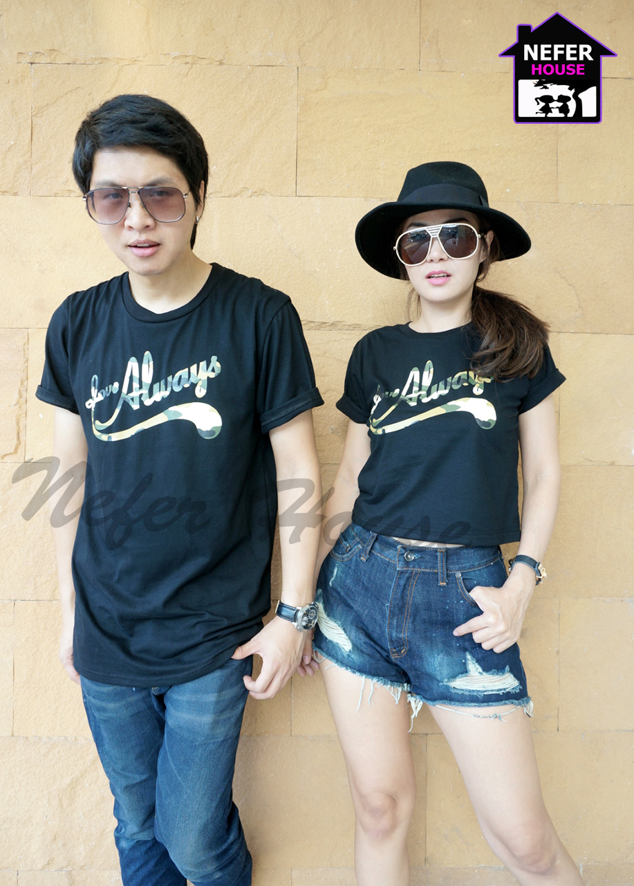 เสื้อยืดคู่รักแนวๆสีดำสกรีนLove Alwaysลายทหารสุดชิคเสื้อผู้หญิงทรงเสื้อครอป