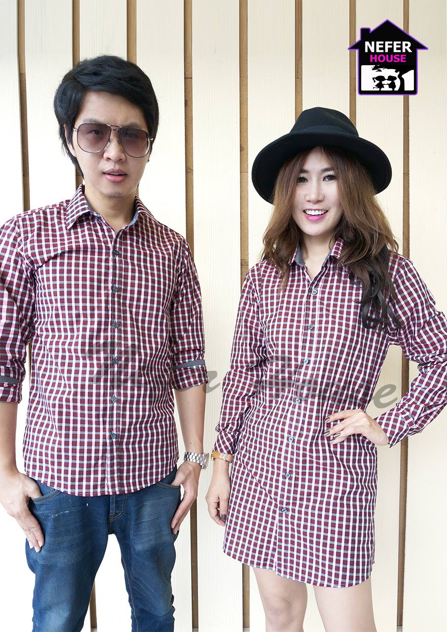 เสื้อเชิ้ตคู่รัก ทรงแซกของผู้หญิงลายสก็อตโทนสีแดง