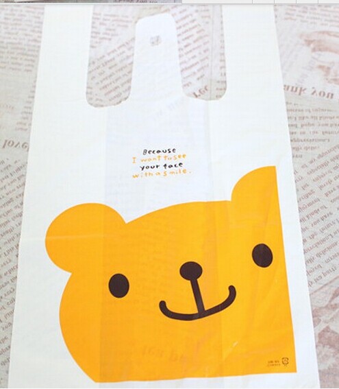 ถุงหูหิ้ว รูปหมี สีเหลือง (100 ใบ/แพ็ค) Size : 18+10*35 cm.