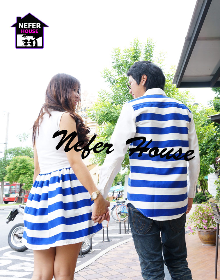 เสื้อคู่รัก ชุดคู่รัก สีน้ำเงินสด-ขาว ลายขวาง สวยมาก