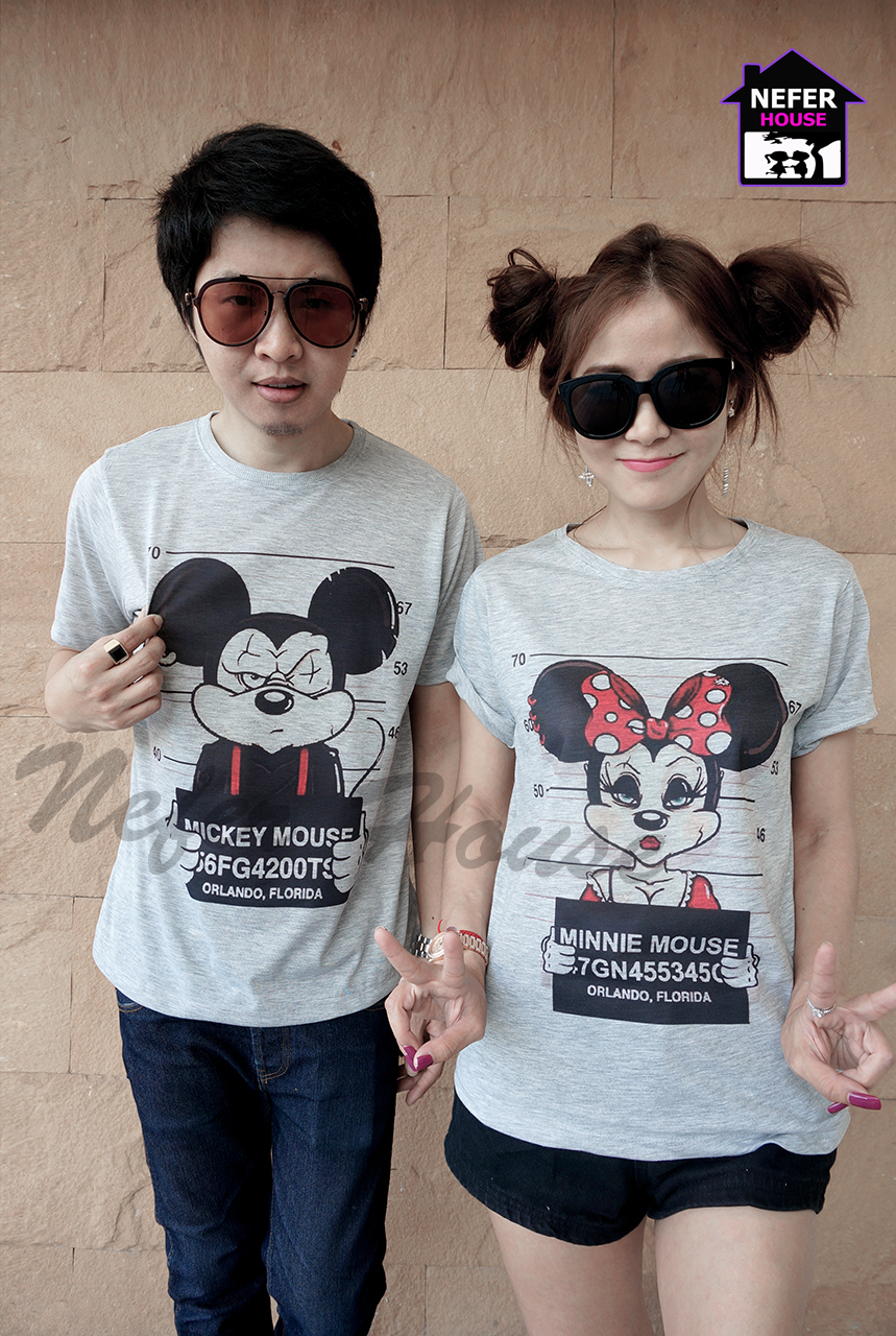 เสื้อยืดคู่ สีเทาสกรีนลายมิกกี้เม้าท์+มินนี่เม้าท์