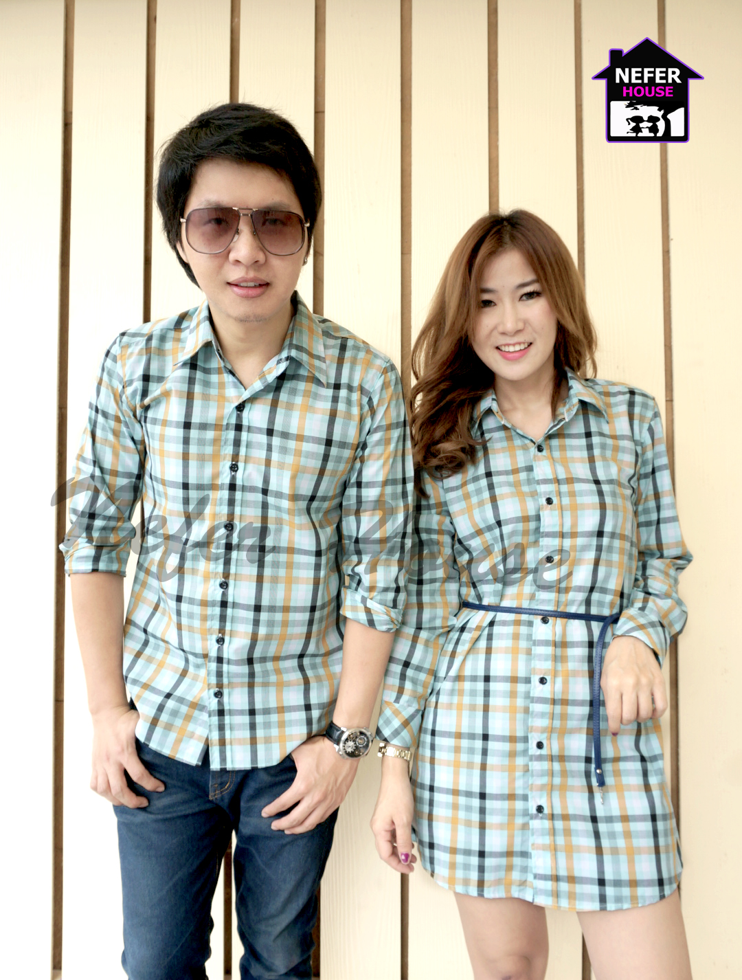 เสื้อคู่รัก เสื้อเชิ๊ตแขนยาวกับเชิ๊ตทรงแซกของผู้หญิงลายสก็อต