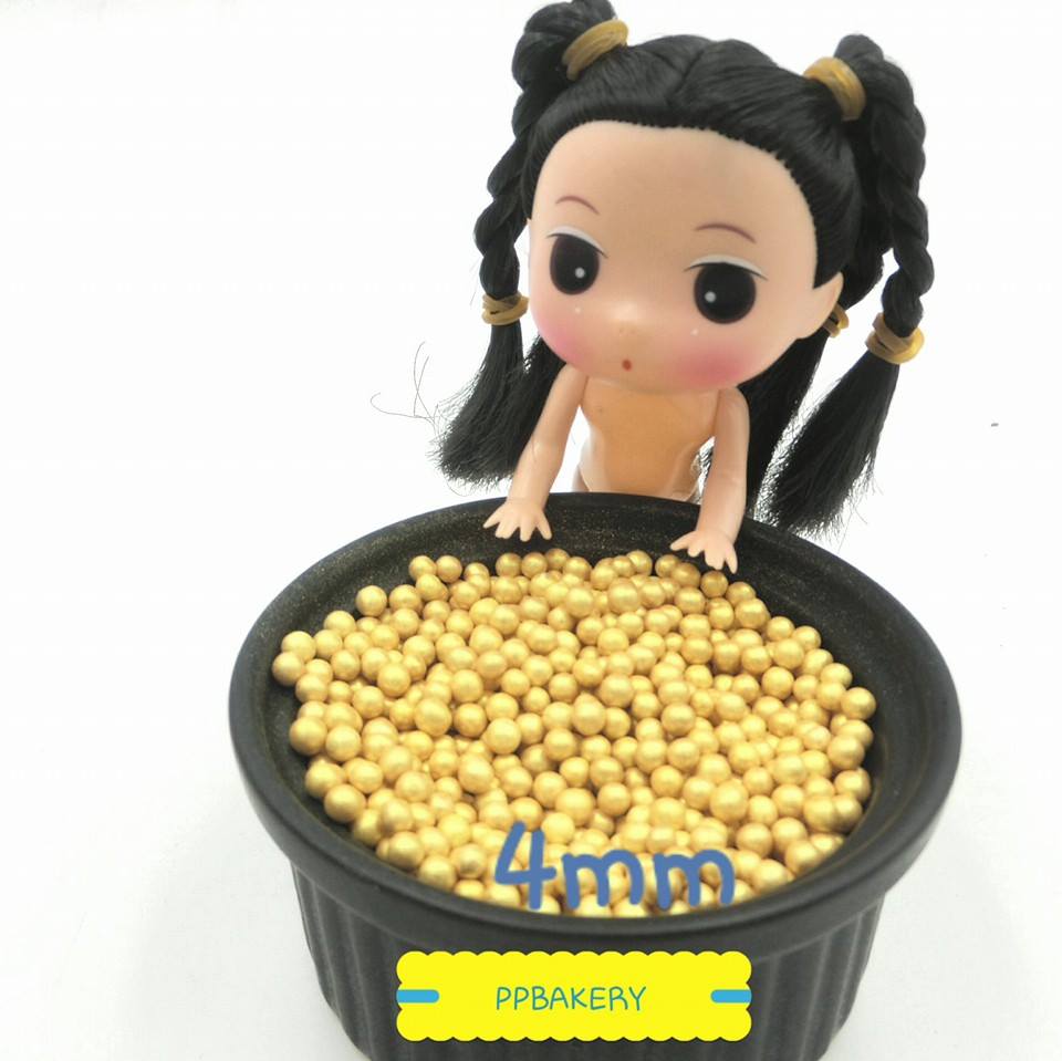 เม็ดมุกน้ำตาล ตกแต่ง สีทอง Gold sugar pearl 4mm