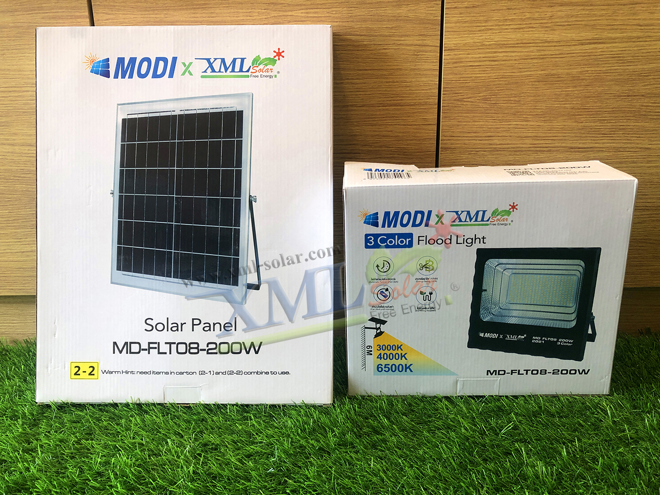รุ่นประหยัด ไฟสปอตไลท์โซล่าเซลล์ 200 W. รุ่น MODI x XML (เปิดได้ 3 แสง)