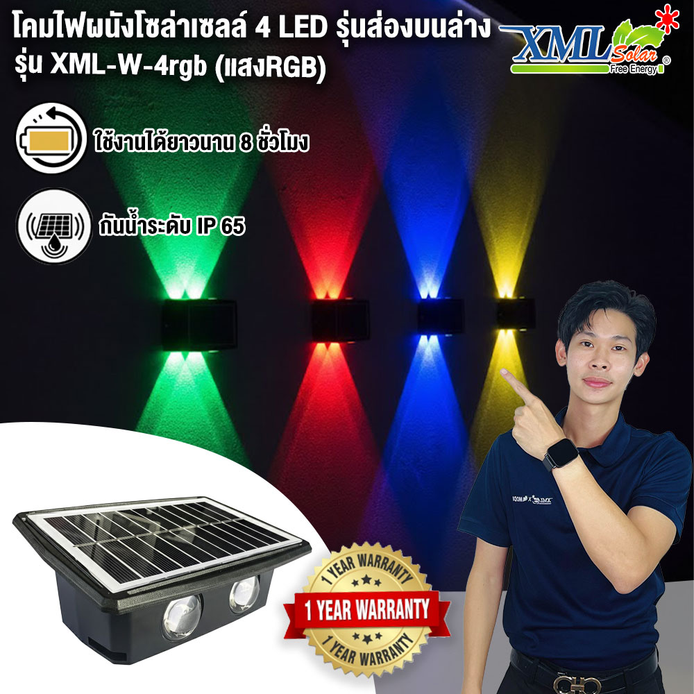โคมไฟผนังโซล่าเซลล์ 4 LED รุ่นส่องบนล่าง (แสง : RGB)