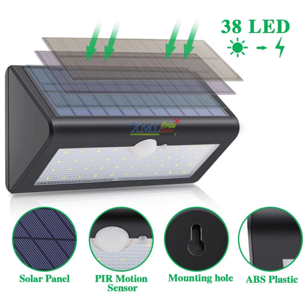 โคมไฟโซล่าเซลล์ ติดผนัง ทรงสามเหลี่ยม 38 SMD LED (เเสง : ขาว) 1 แถม 1