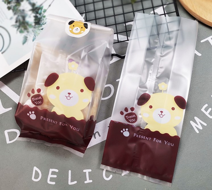 ถุงคุกกี้ ถุงเบเกอรี่ ถุงขนมปัง แบบพับข้างลายหมา สีดำ 50 ใบ/ห่อ (7*15+3 cm.)