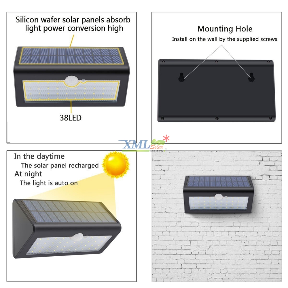 โคมไฟโซล่าเซลล์ ติดผนัง ทรงสามเหลี่ยม 38 SMD LED (เเสง : ขาว) 1 แถม 1