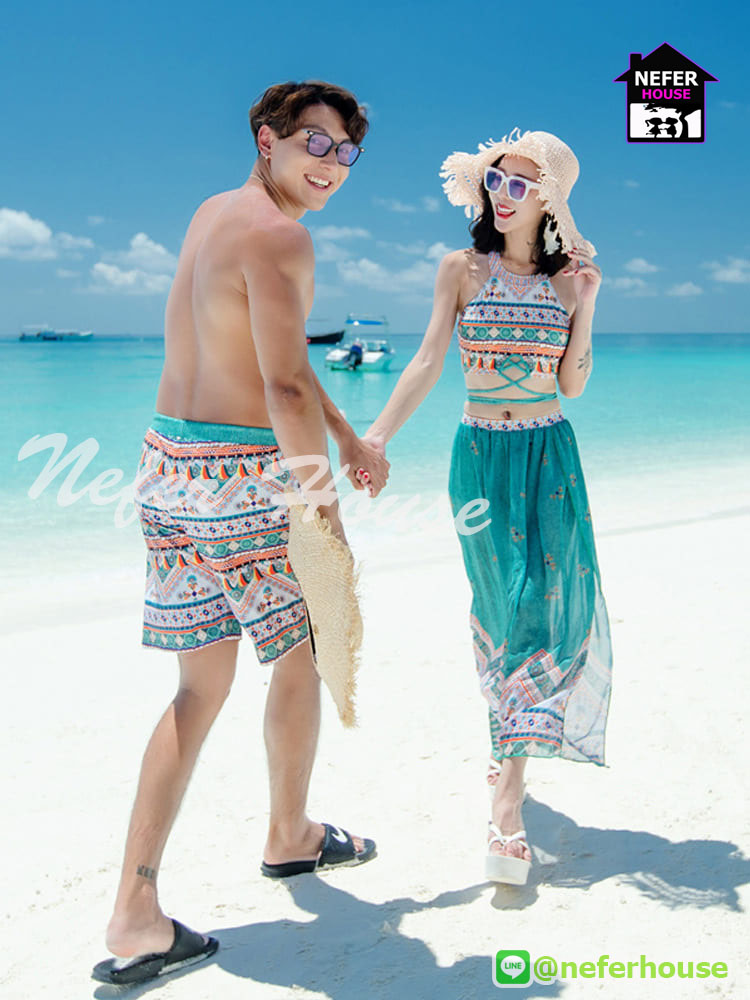 ชุดว่ายน้ำ ชุดว่ายน้ำคู่ ชุดไปทะเล สีเขียว (พร้อมส่ง)