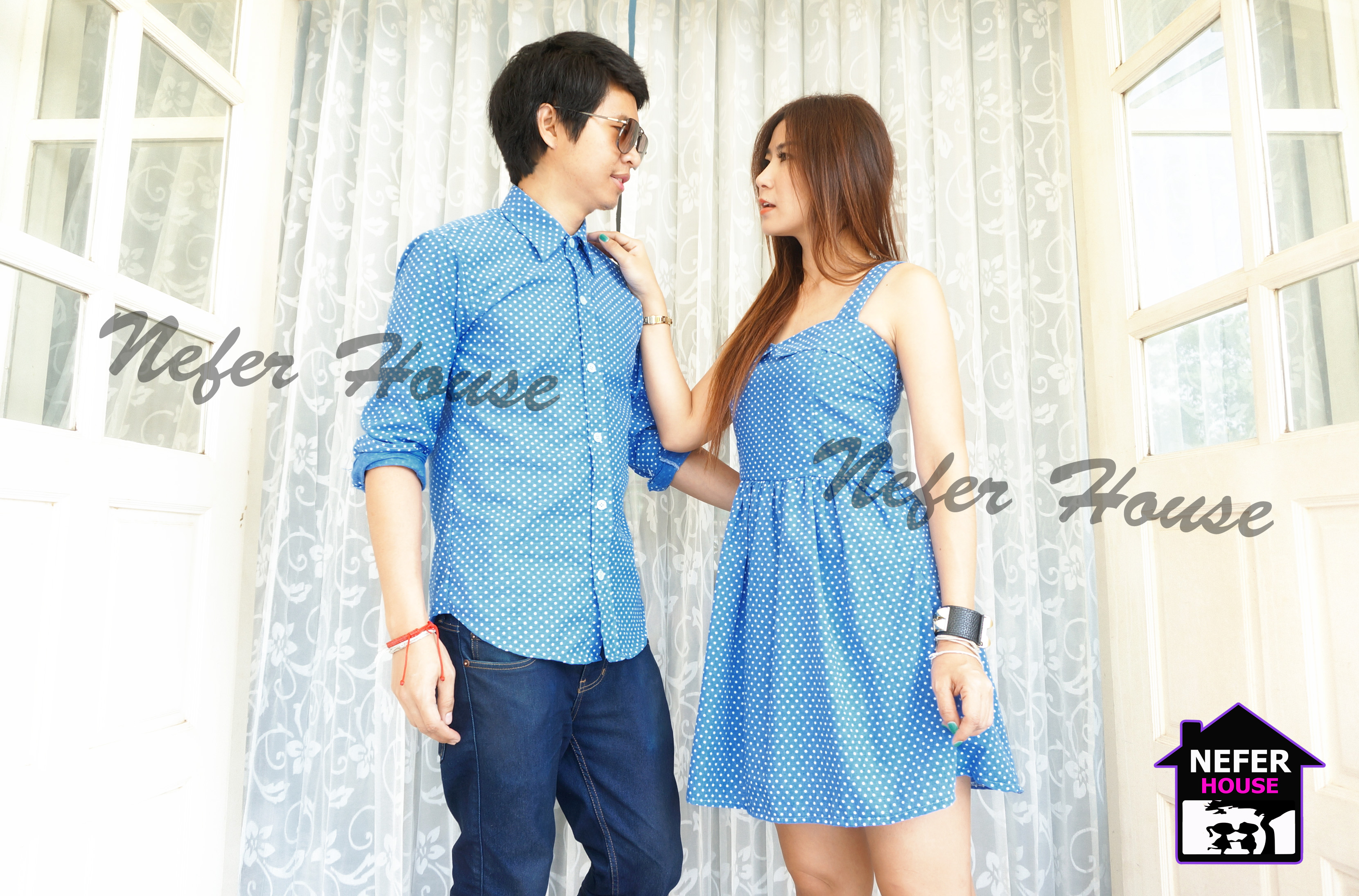 ชุดคู่รักเดรส สีฟ้าสดใส ลายจุดสีขาว น่ารักมากๆ มาตามคำเรียกร้อง