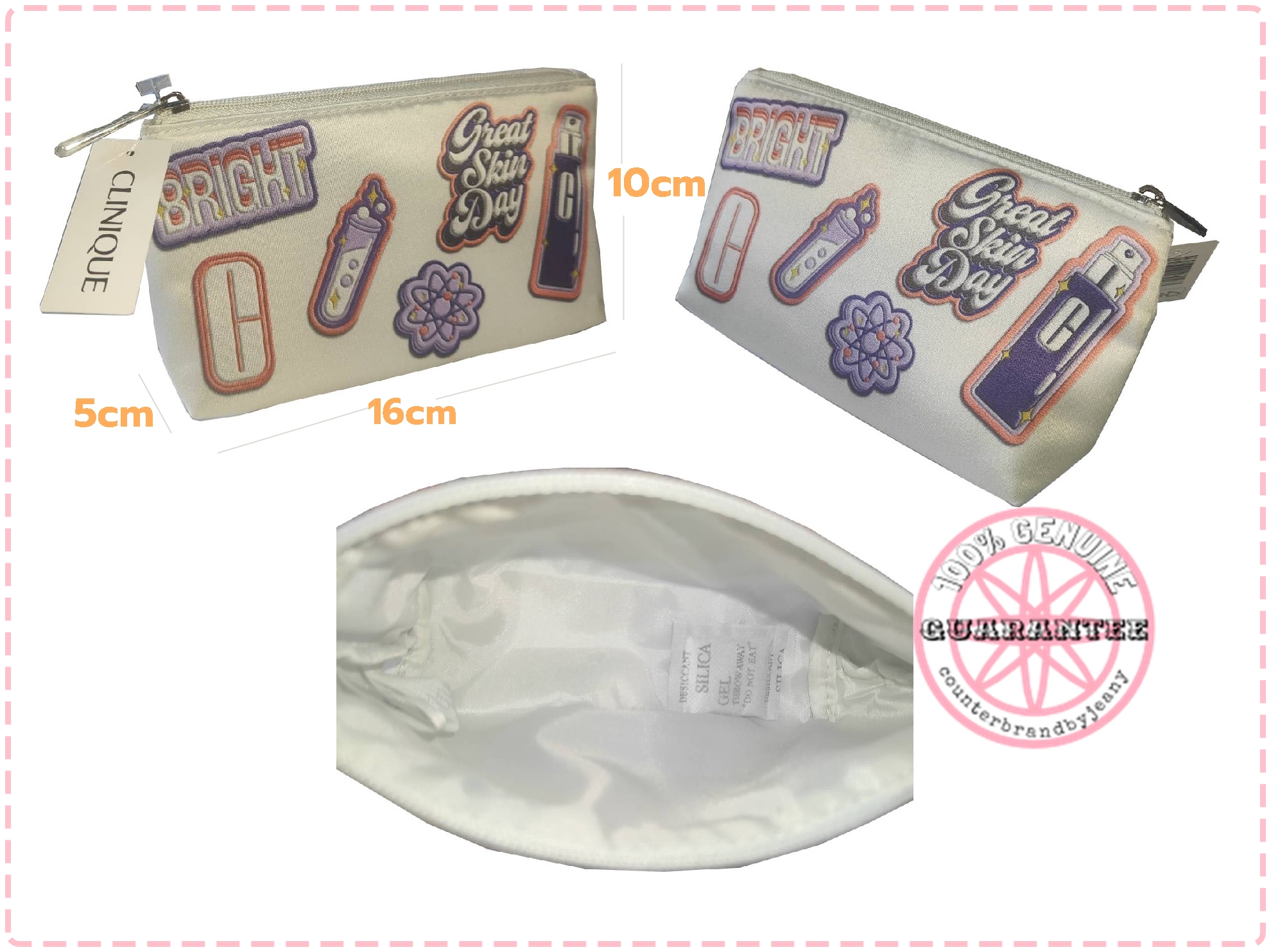 กระเป๋าเครื่องสำอาง สีขาวมุก พิมพ์ลาย CLINIQUE Bright Great Skin Day Pouch (พร้อมส่ง)
