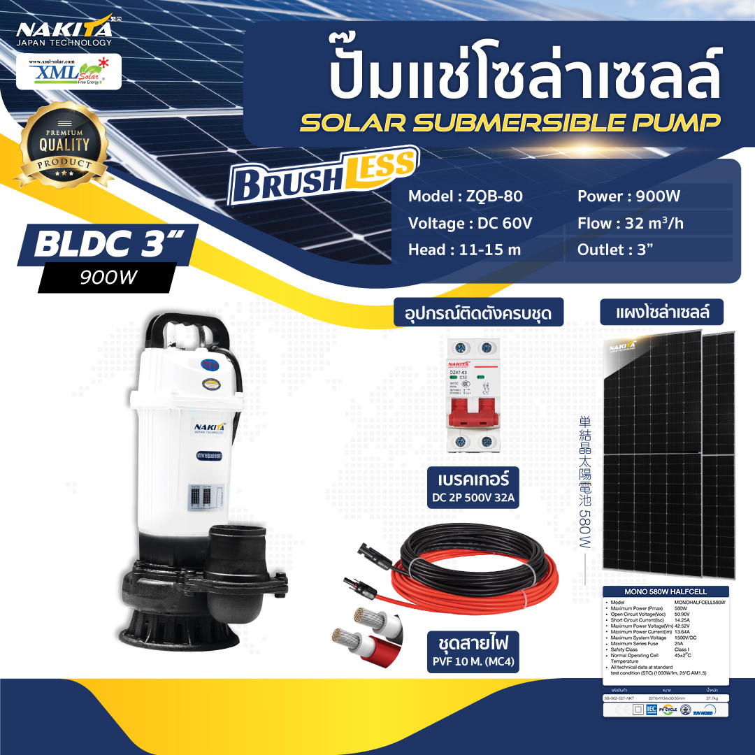 ปั๊มแช่ไดโว่ รุ่นสีขาว 900w + เเผงโซล่าเซลล์ 580w (2 เเผง)