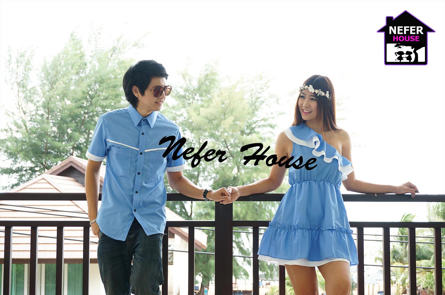 ชุดคู่รักสวยๆ ง สีฟ้า-ขาวสดใส pattern และDesignเก๋ๆ