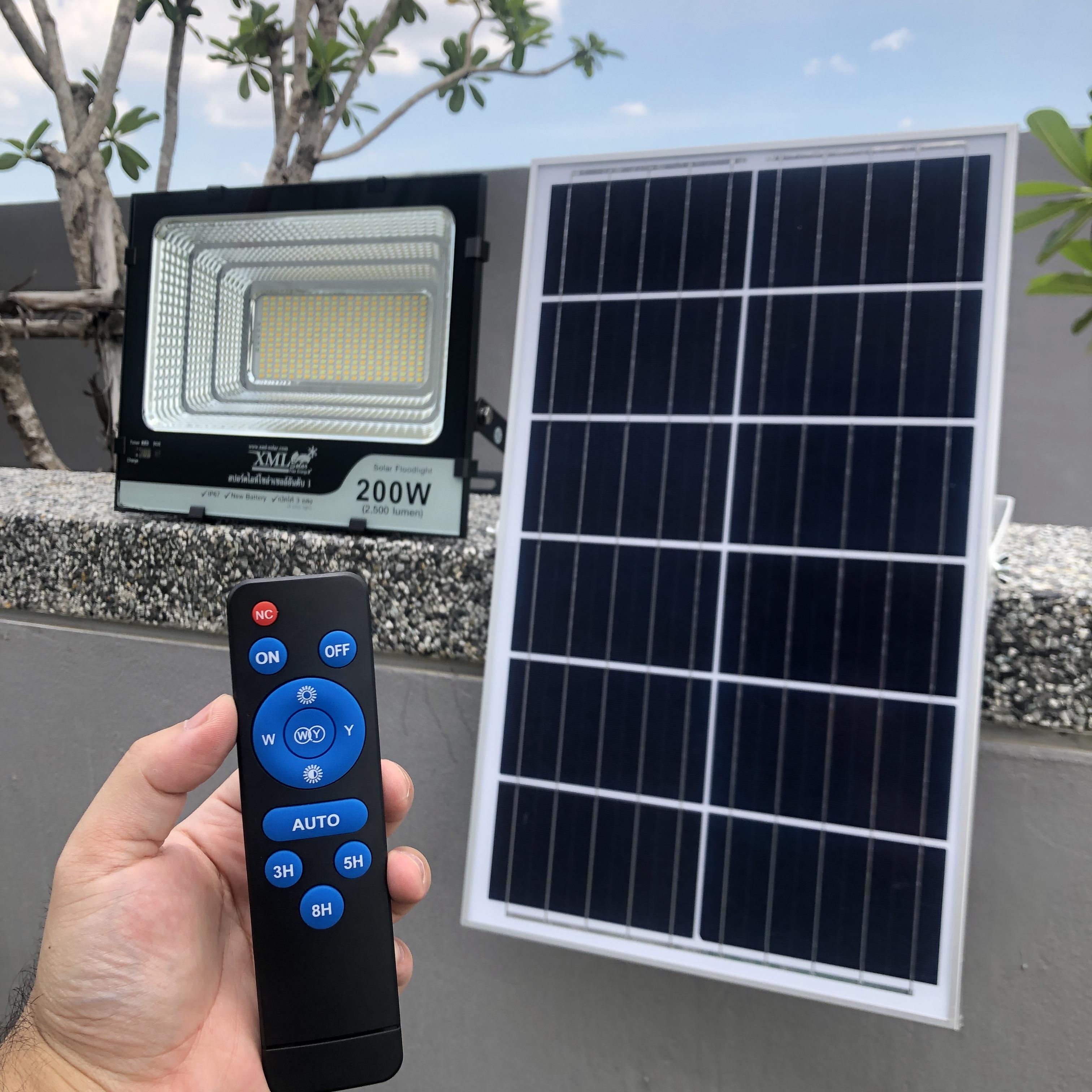 ไฟสปอตไลท์โซล่าเซลล์ 200 Watt กล่องสีน้ำตาล (เปิดได้ 3 แสง)