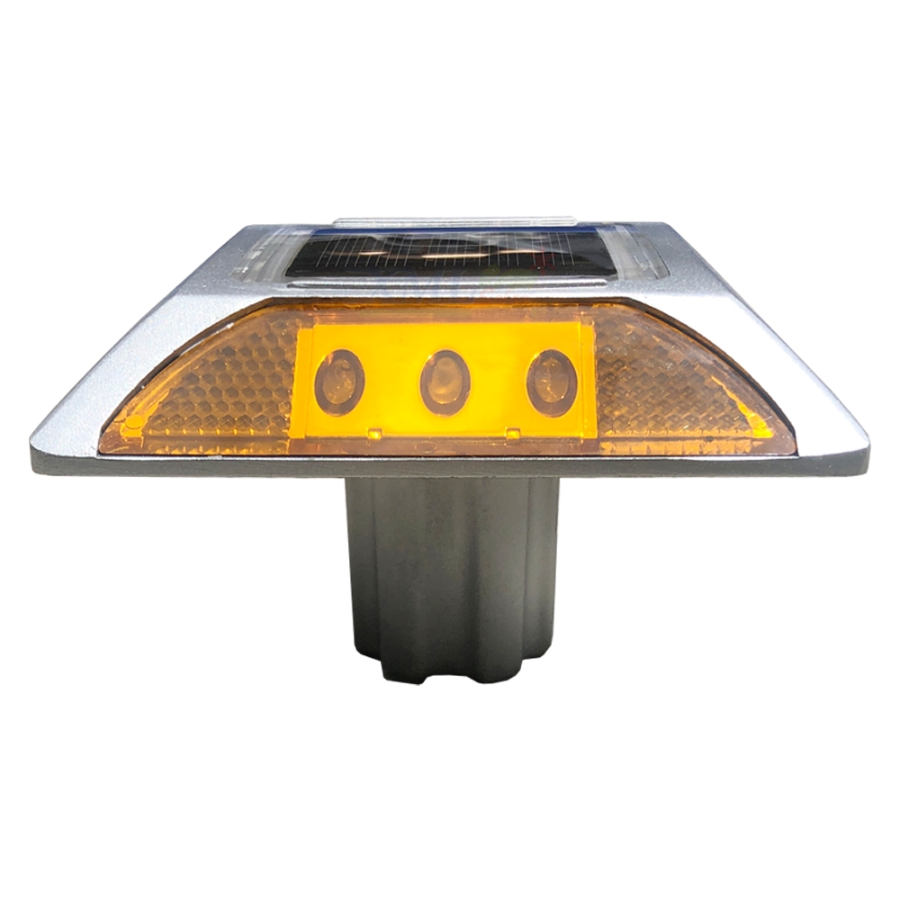 ไฟหมุดถนนโซล่าเซลล์ 6 LED Premium IP68 รุ่น มีเดือย (เเสง : เหลืองกระพริบ)